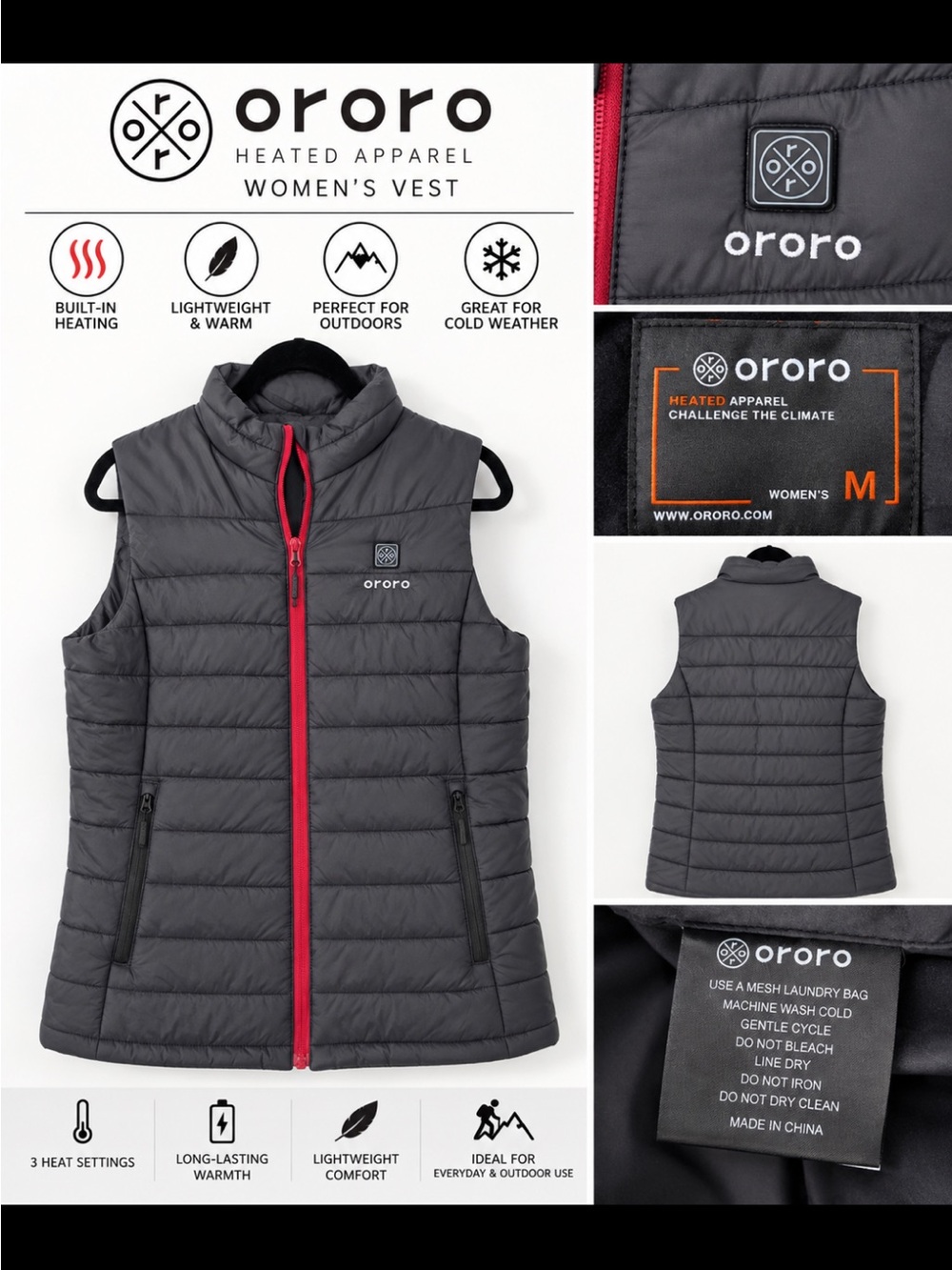Ororo Women's Heated Puffer Vest in Charcoal with Red Trim